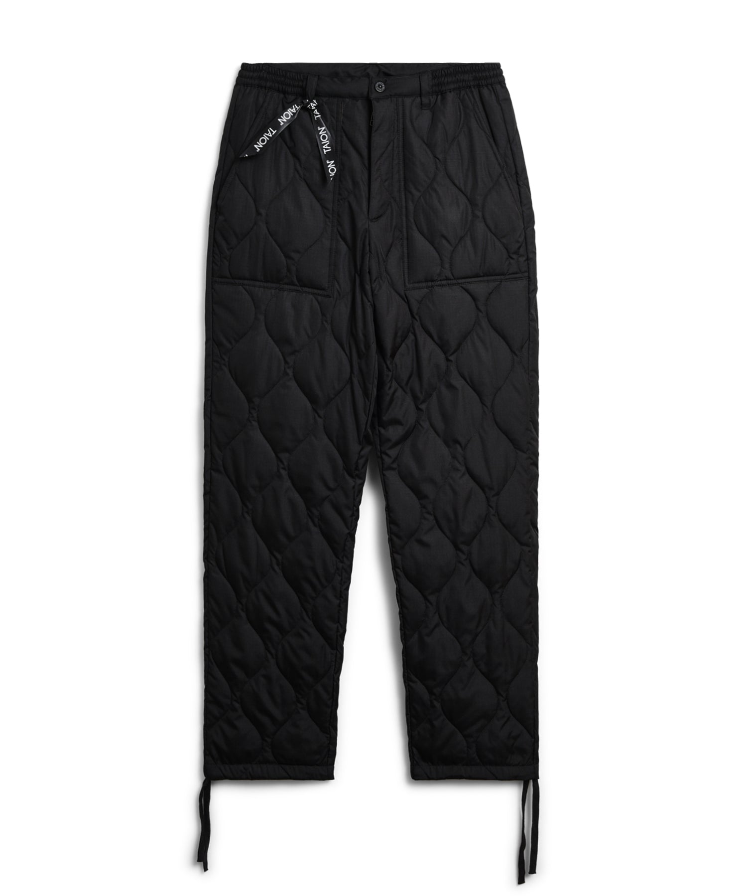 Front view of Taion Military Down Pants in Black with lightweight insulated construction
