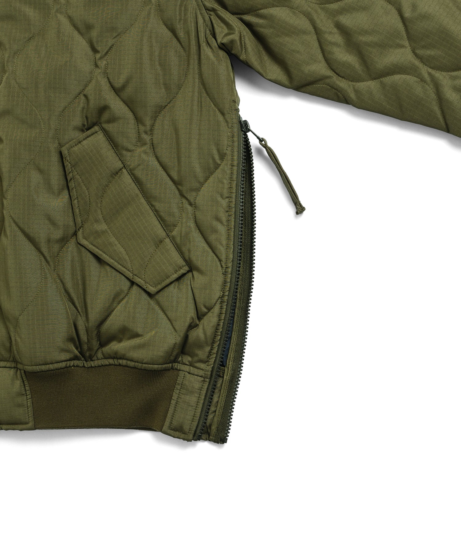 Side slit zipper detail of Taion Military MA-1 Type Down Jacket in Black for improved mobility and comfort