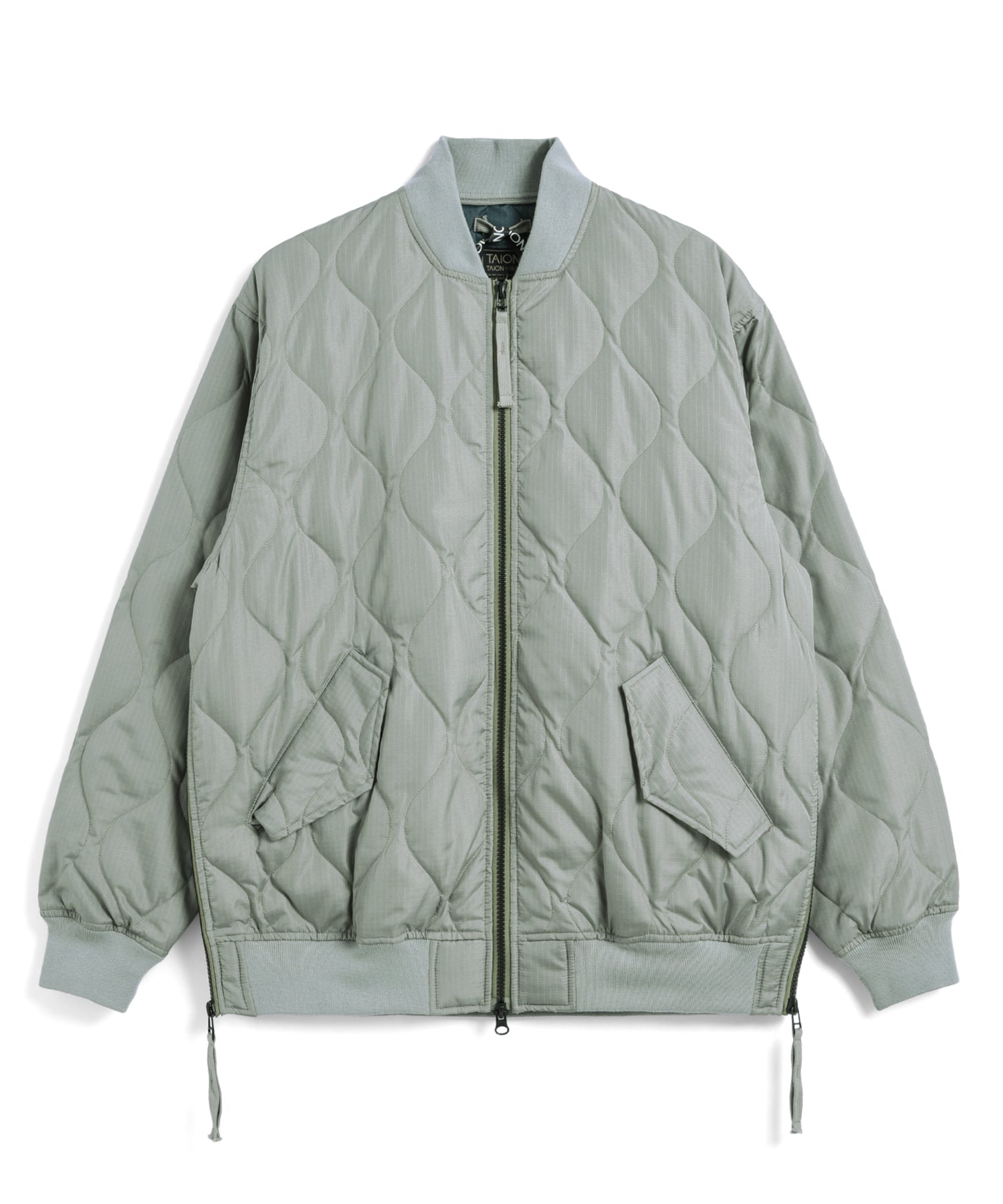 Front view of Taion Military MA-1 Type Down Jacket in D.Sage Green featuring quilted insulated design and relaxed fit
