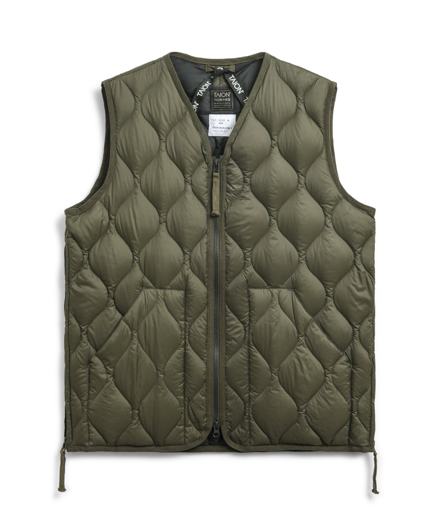 Taion Military V Neck W-Zip Down Vest in Dark Olive – lightweight insulated warmth with durable SOFT SHELL fabric