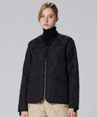 Model wearing Taion Military Zip V Neck Down Jacket in Black