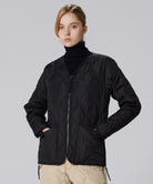 Model wearing Taion Military Zip V Neck Down Jacket in Black