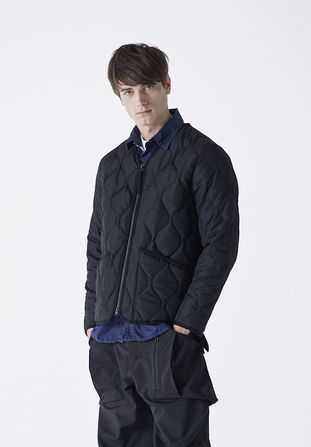 Side view of Taion Military Zip V Neck Down Jacket in D.Olive featuring lightweight insulation and military-inspired styling