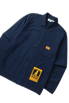 Dark navy twill chore shirt side view premium workwear relaxed fit utility shirt